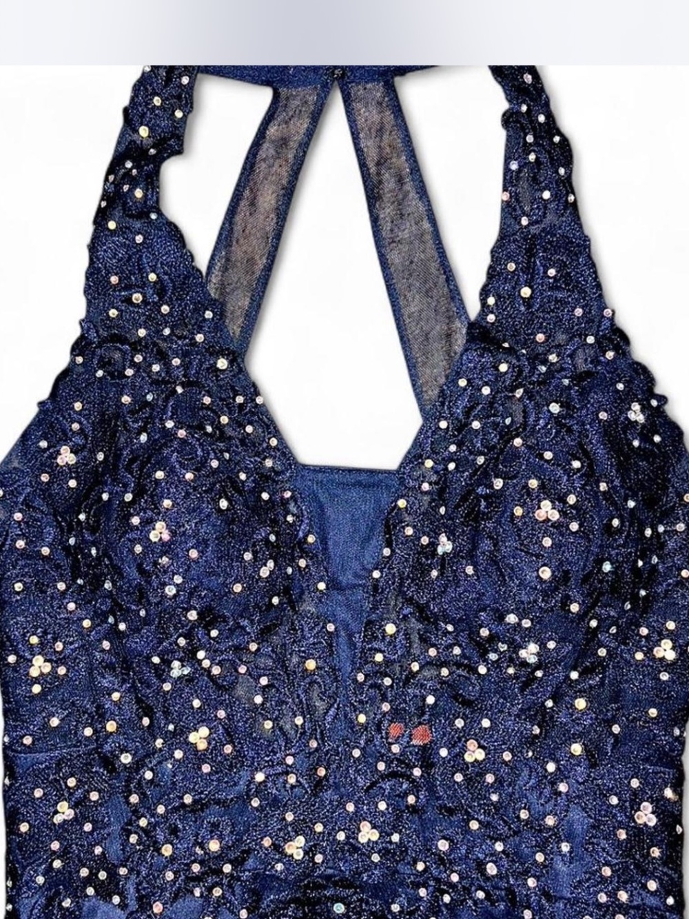 Blondie Nites Midnights & Magic Navy Embellished halter Prom Gown size 5 - Picture 7 of 8